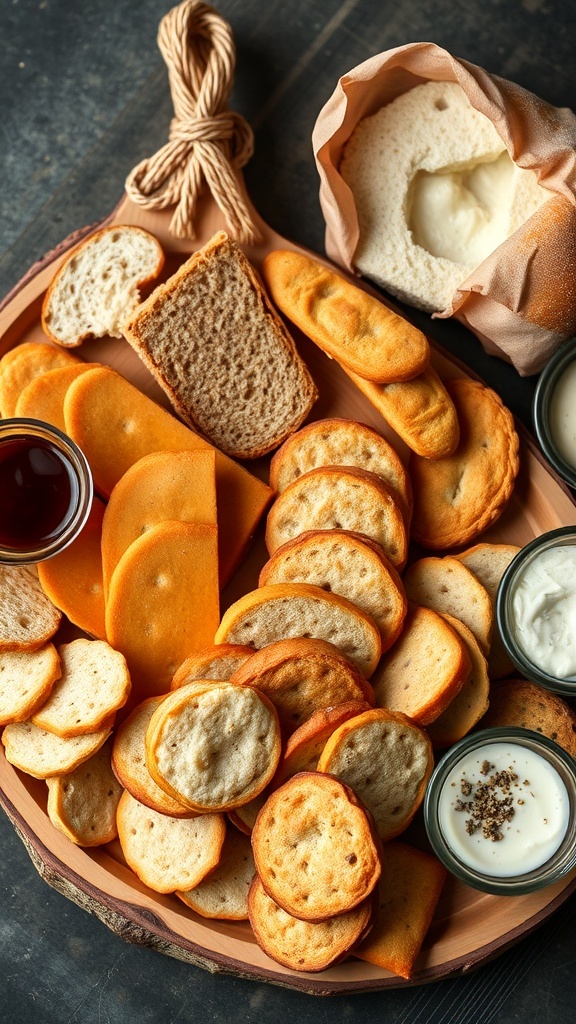 A beautifully arranged charcuterie board featuring various artisan crackers and breads.