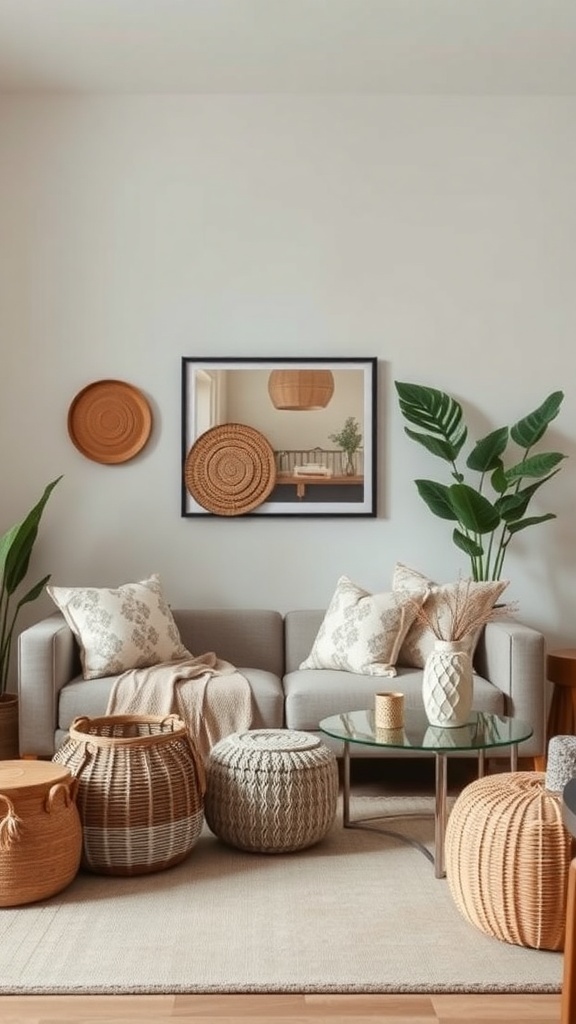 Cozy living room with artisan craft accents, including woven baskets and decorative pillows.