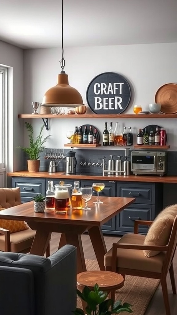 A cozy artisan craft beer station featuring a wooden table with various beer glasses, bottles, and a 'Craft Beer' sign on the wall.