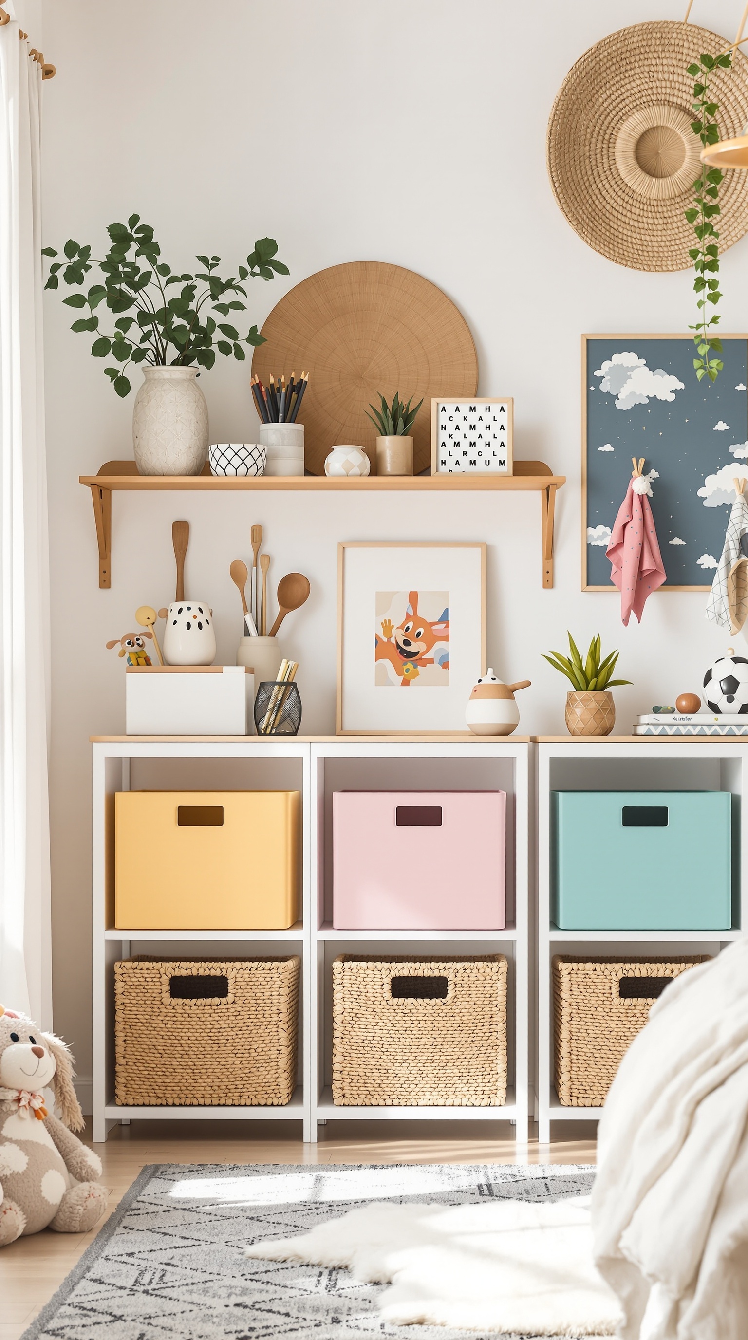 Colorful storage solutions in a boho kids room with decorative items on shelves.