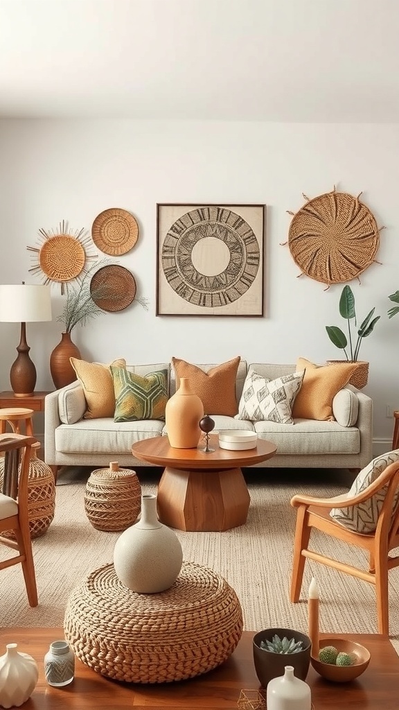 A cozy rustic French country living room featuring artisan crafted accessories, woven wall decor, and a mix of pottery.