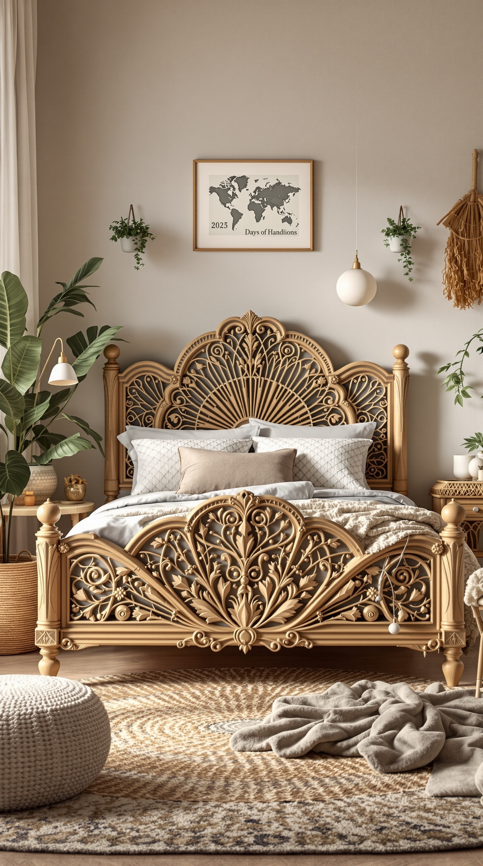 Artisan crafted bed with intricate woodwork and cozy bedding in a stylish children's room.