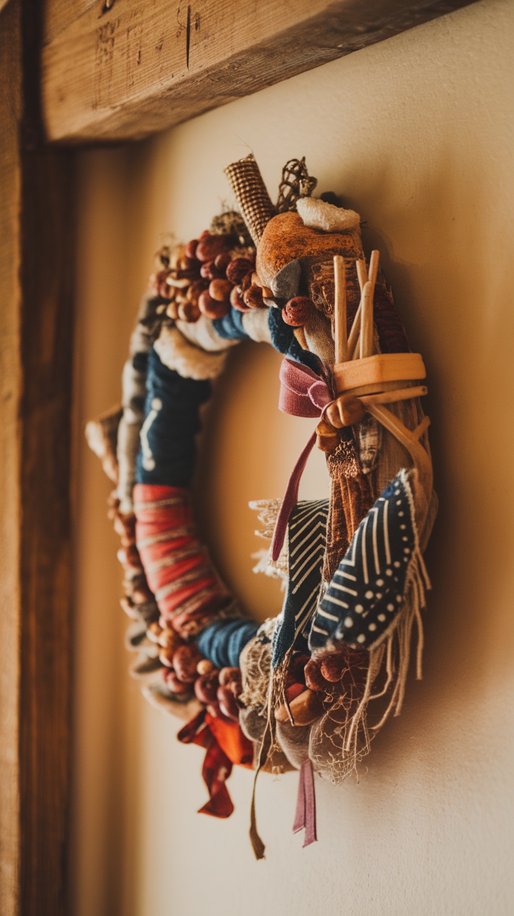 A colorful artisan crafted wreath made from various materials, showcasing unique textures and patterns.