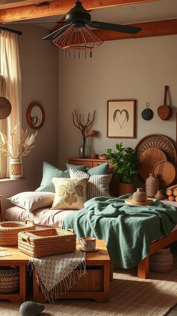 A cozy earthy bedroom featuring artisan crafts and handmade decor, with a bed, woven baskets, and plants.