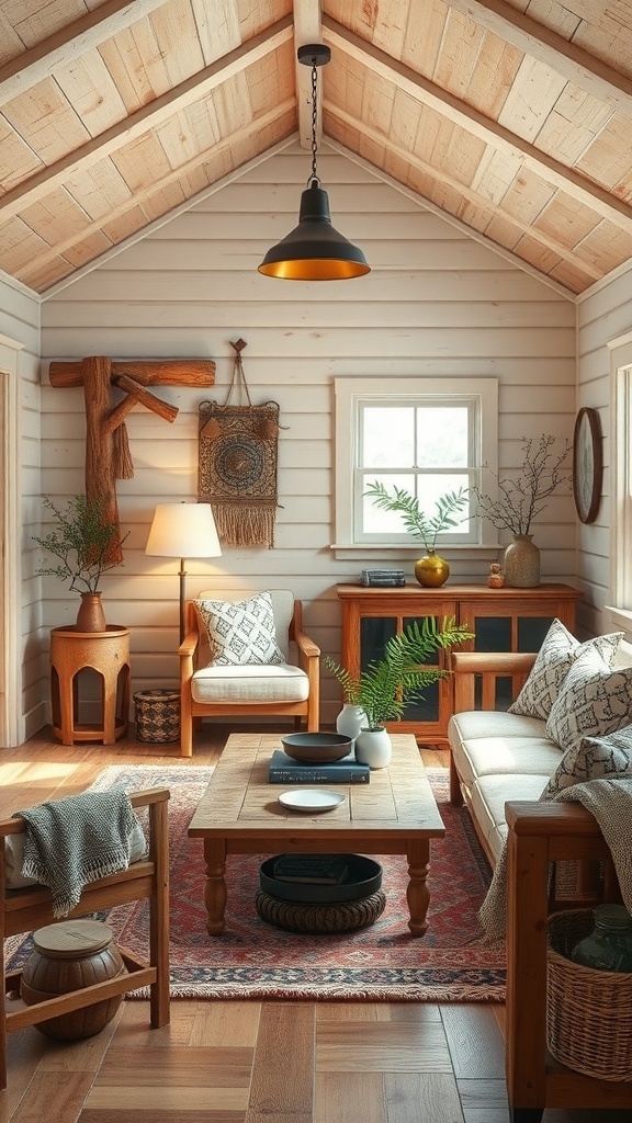 Cozy small cabin interior featuring wooden beams, rustic furniture, and natural decor.