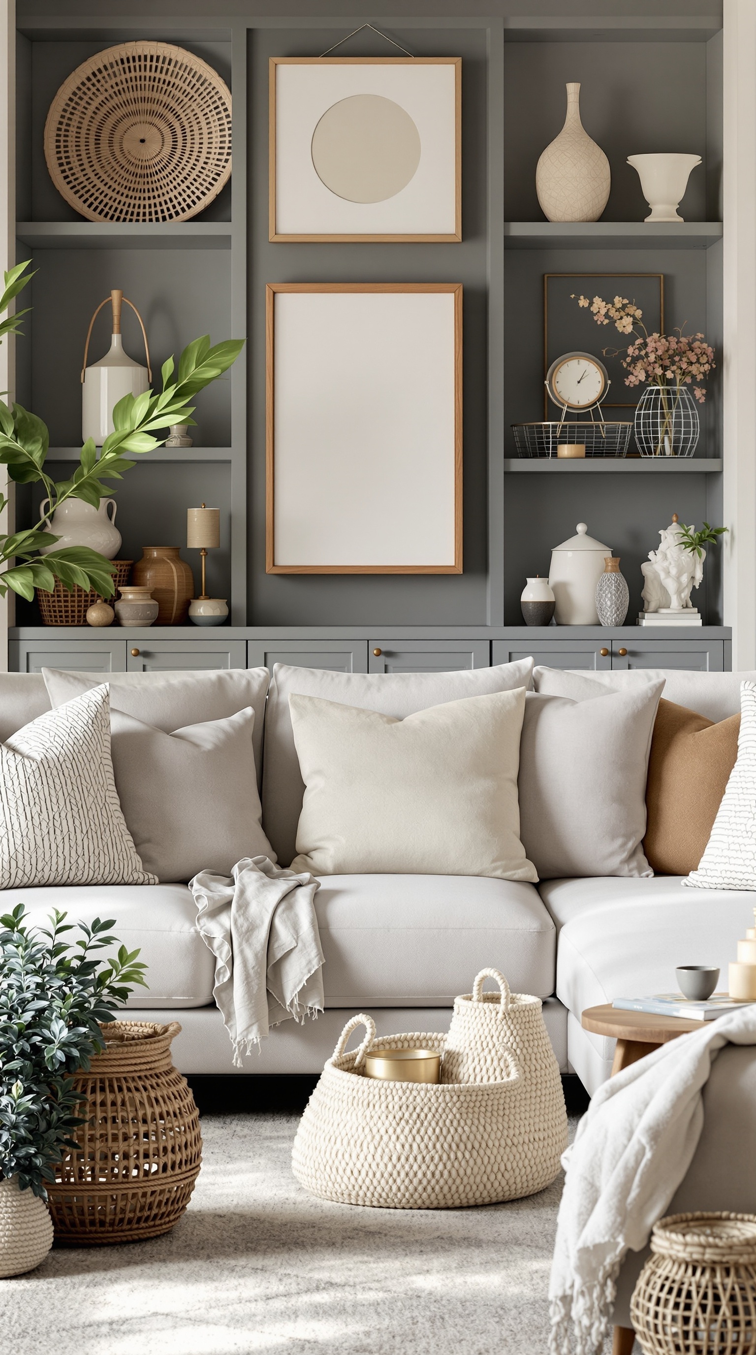 A cozy family room featuring a soft sofa with pillows, artisan-crafted accessories on shelves, and a leafy plant.