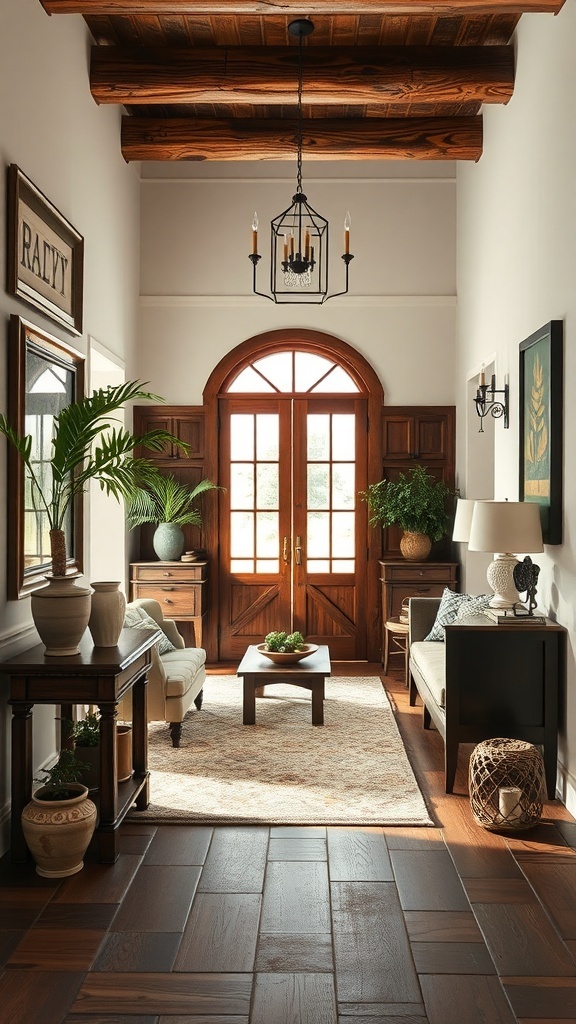 Rustic entryway with wooden beams, rich wooden door, and cozy furniture