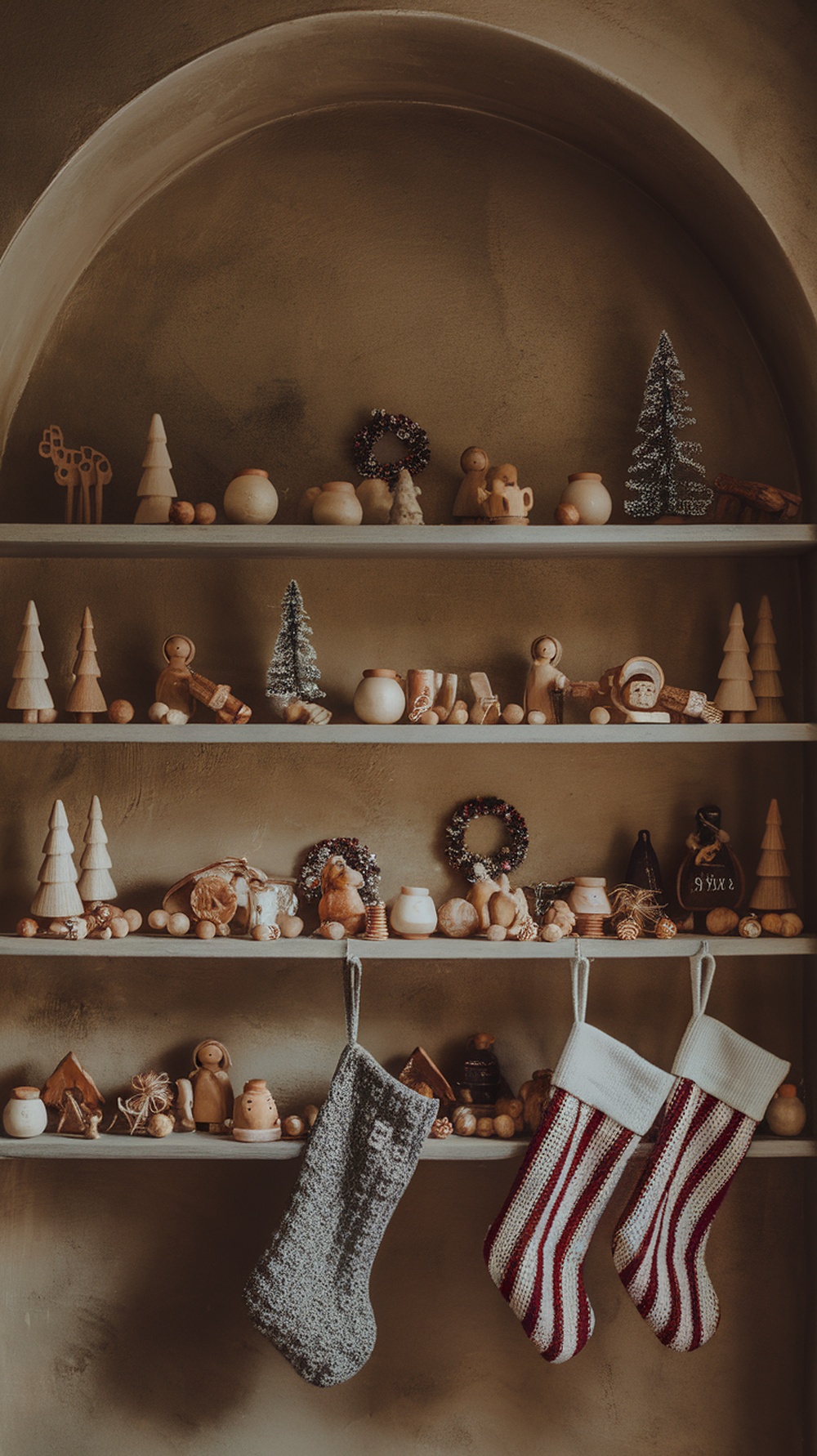 A shelf filled with artisan handmade Christmas decorations, including wooden figures, trees, and stockings.