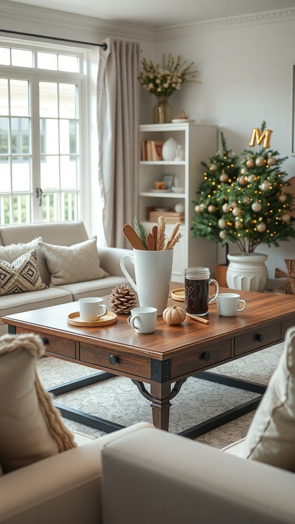 A cozy coffee table setup featuring a hot cocoa bar with mugs, a pitcher, and festive decorations.