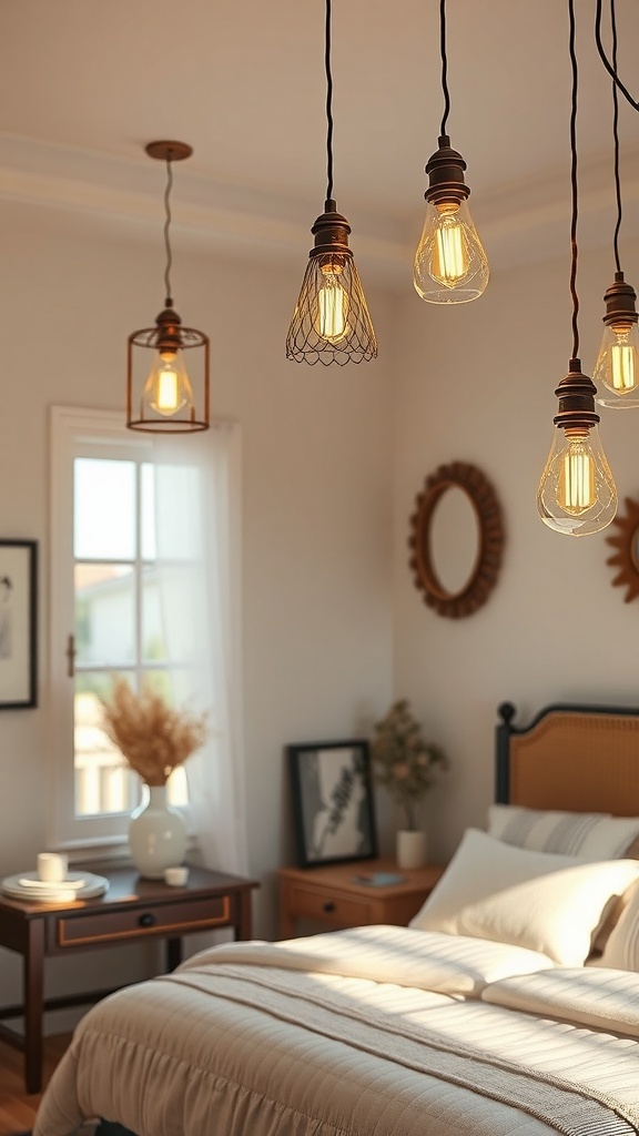Artisan lighting fixtures in a romantic cottage bedroom