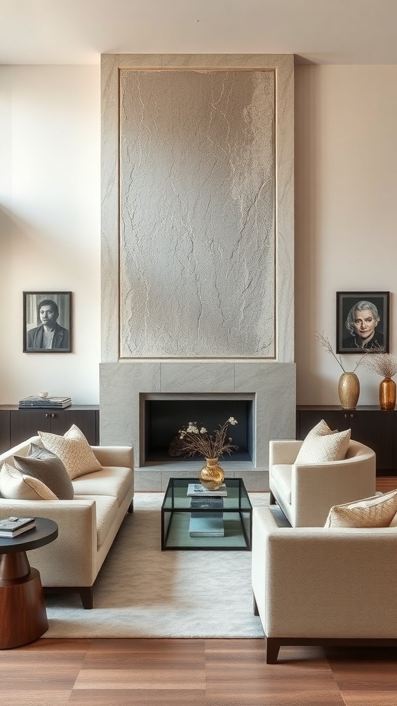 Living room featuring artisan plaster finishes on the wall, with beige sofas and framed artwork.