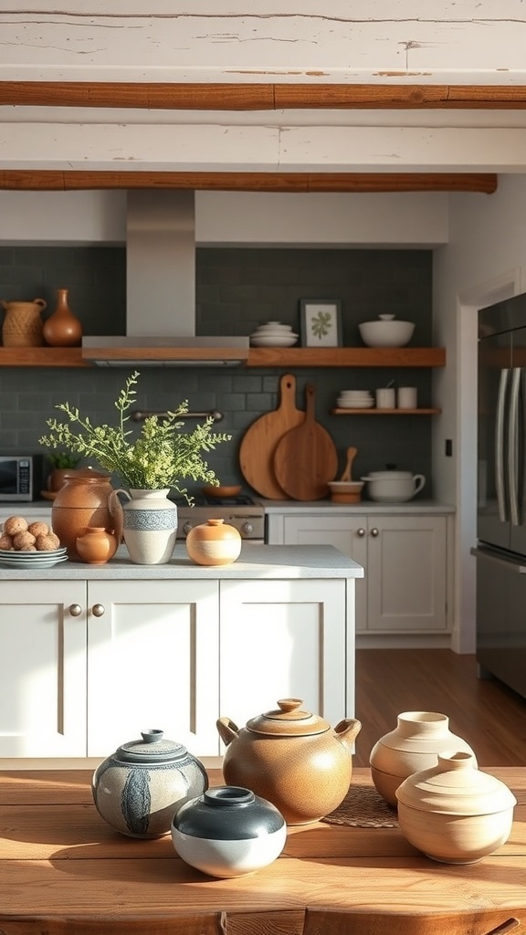 A rustic modern kitchen featuring artisan pottery and decor on the countertop.