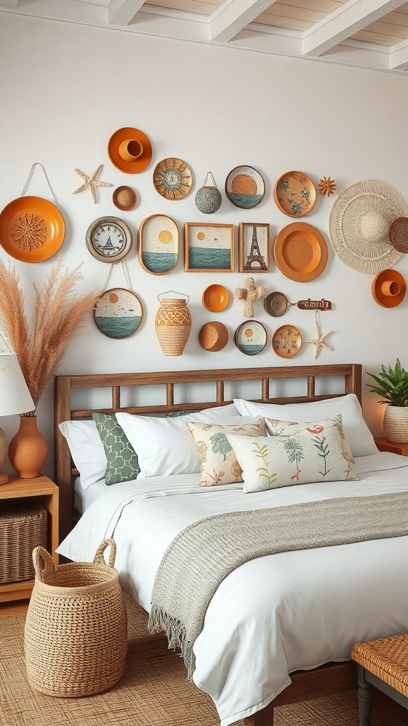 A cozy bedroom featuring beach-inspired artisan pottery and wall art, with warm colors and natural textures.