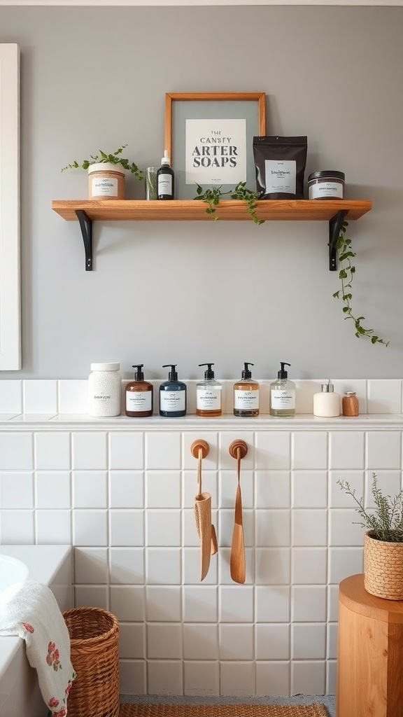 A cozy bathroom with artisan soap and bath products displayed on a wooden shelf.