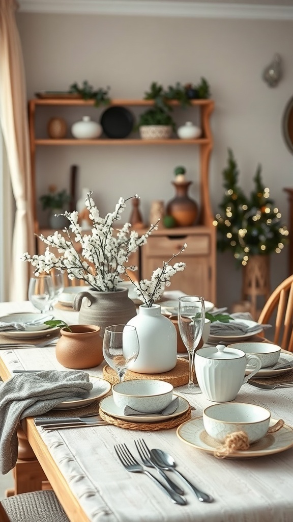 A winter tablescape featuring artisan tableware, including plates, bowls, and glassware, set on a wooden table with a linen runner and floral arrangement.