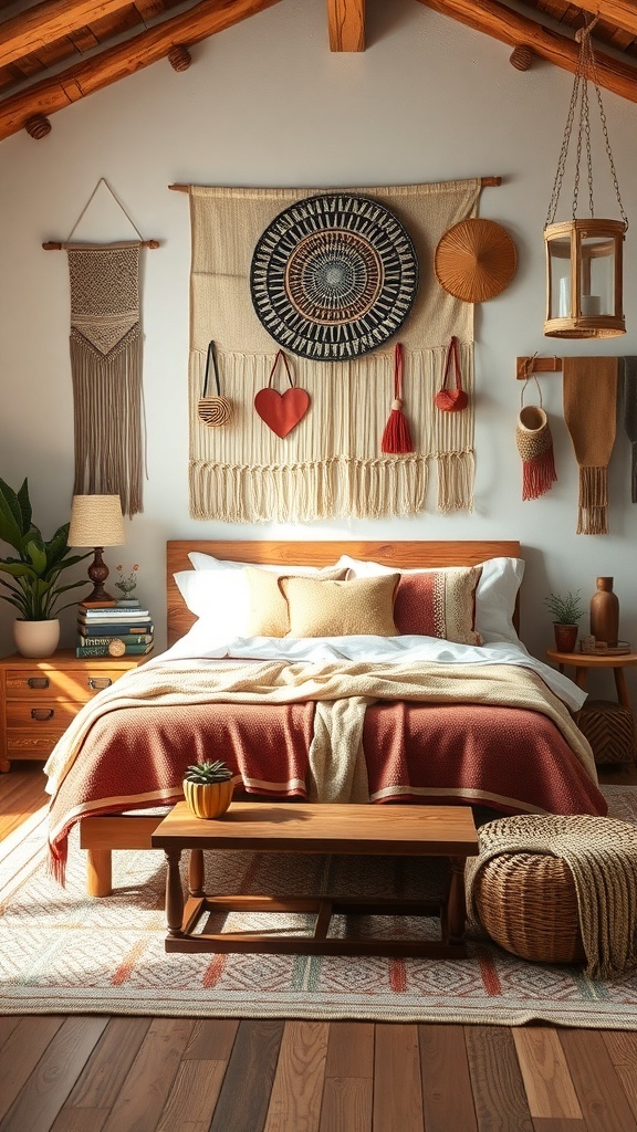 A rustic romantic bedroom featuring artisan wall hangings, a cozy bed, and warm wooden accents.