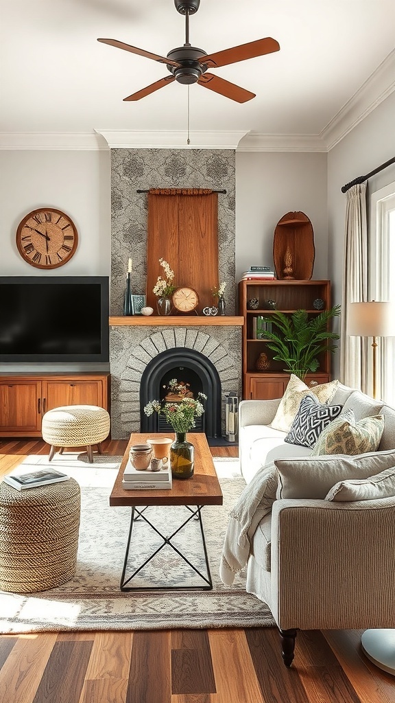 A cozy neutral living room featuring a wooden coffee table, a woven pouf, and a stone fireplace.