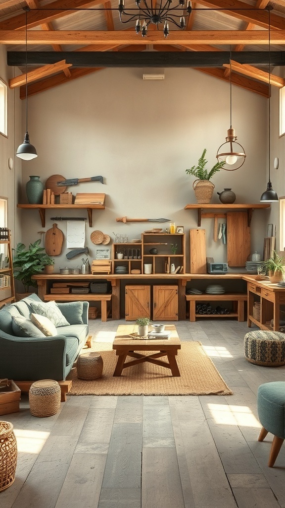 A rustic interior featuring wooden beams, handcrafted furniture, and plants, creating a cozy atmosphere.
