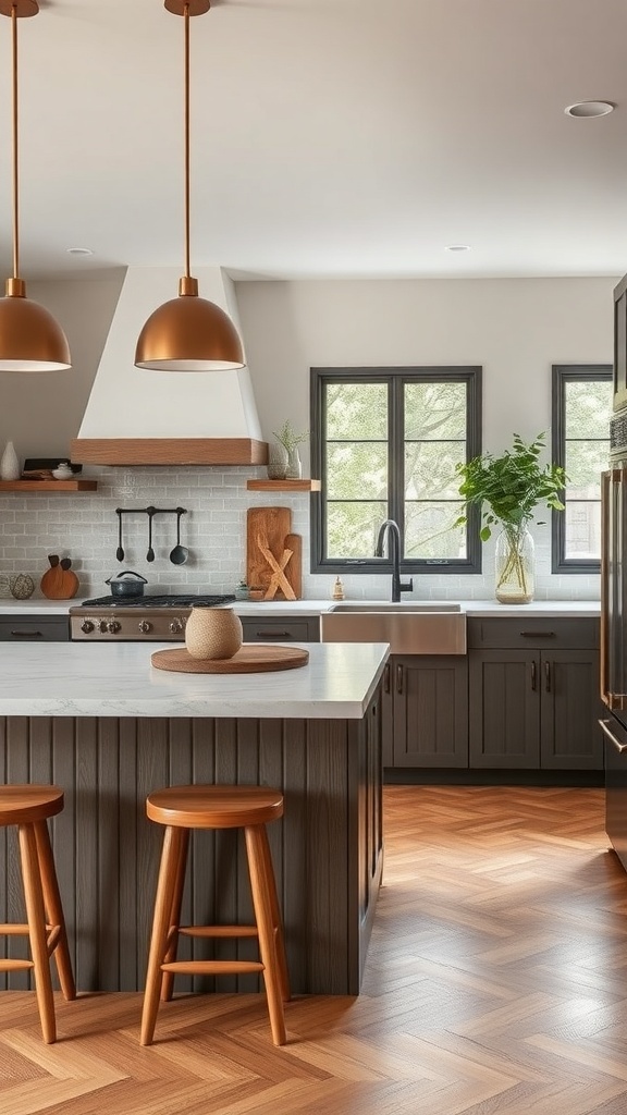 A modern kitchen featuring artisanal finishes with wood accents, marble countertop, and copper pendant lights.