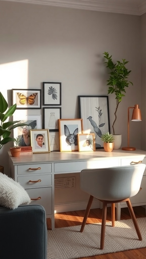 A small desk setup with framed art, plants, and a cozy chair, illuminated by warm light.
