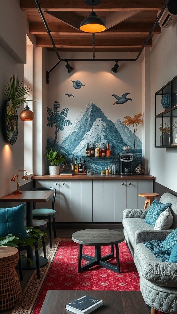 A cozy tiny bar with a mountain mural, wooden elements, colorful chairs, and a warm atmosphere.