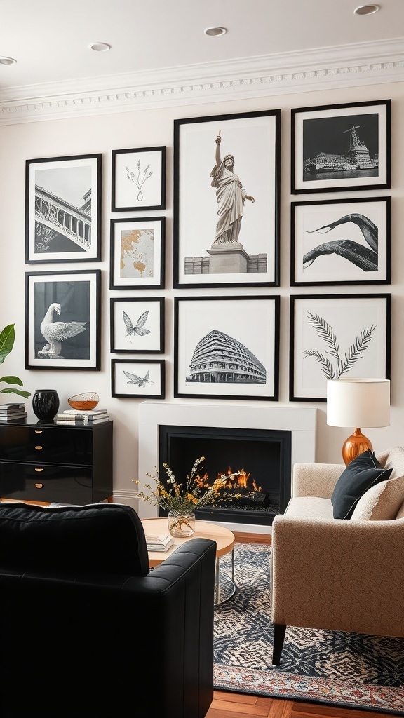 Gallery wall featuring black and gold artwork with a cozy seating area and fireplace