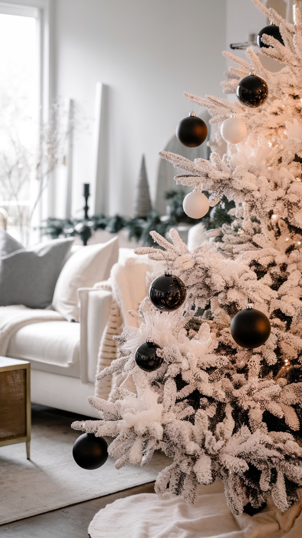 A white Christmas tree decorated with black and white ornaments in a cozy living room setting.