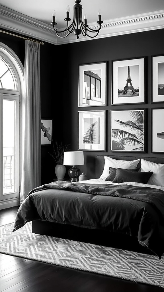 A stylish black bedroom featuring artistic black and white photography on the walls.