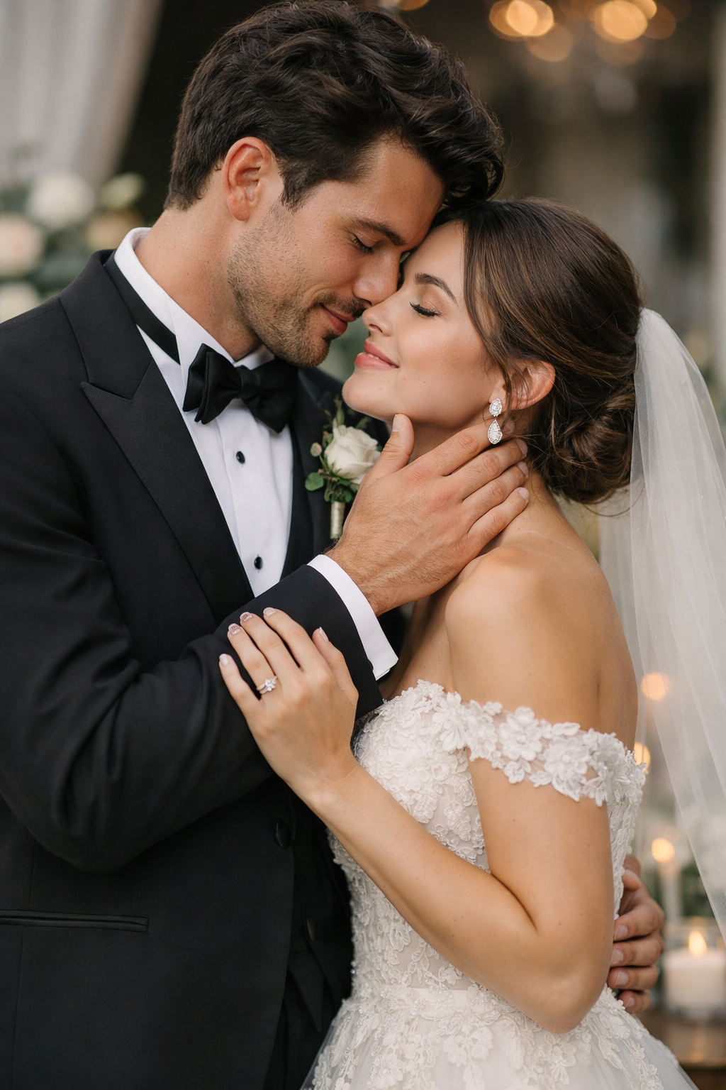 A couple sharing an intimate moment in a natural setting, captured in a close-up black and white photograph.
