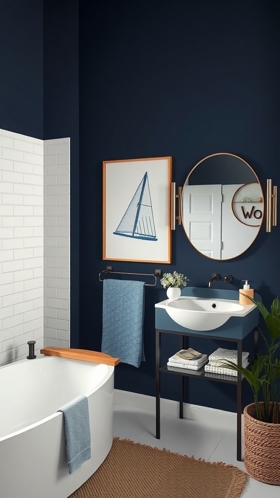 A stylish bathroom featuring dark blue walls, a framed sailboat artwork, and modern fixtures.