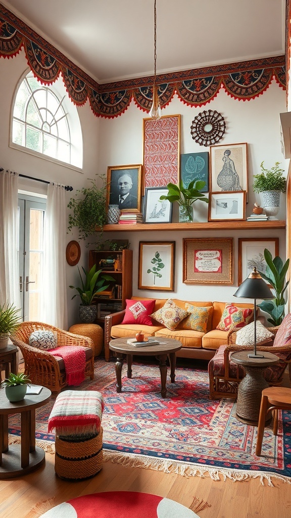 A cozy bohemian living room with an orange sofa, colorful cushions, plants, and eclectic decor.