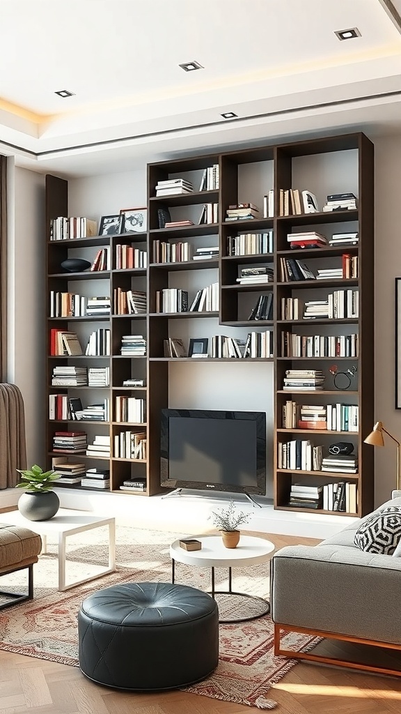 Stylish bookshelf with a modern design, featuring a mix of books and decorative items in a cozy living room setting.