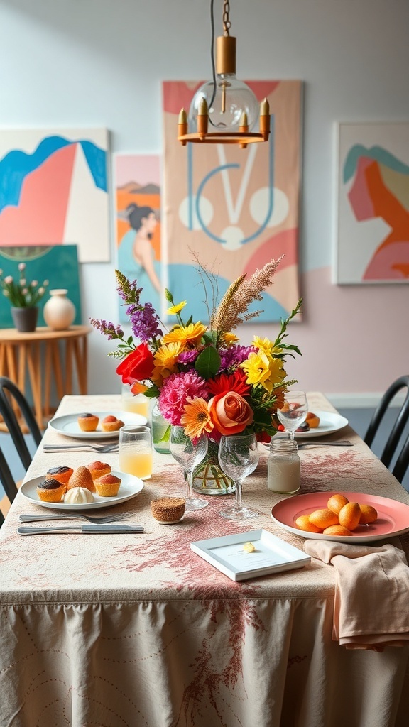 A vibrant brunch setup with flowers, pastries, and colorful art backgrounds.