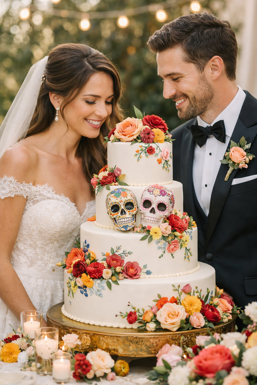 An elegant three-tier wedding cake adorned with sugar skulls and colorful flowers, with the bride and groom smiling beside it.