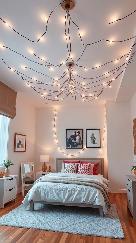 A cozy teen bedroom featuring artistic ceiling decor with string lights and framed pictures on the walls.