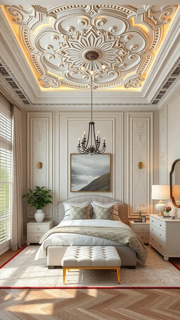 A luxurious teen bedroom with an artistic ceiling design featuring intricate floral patterns and soft lighting.