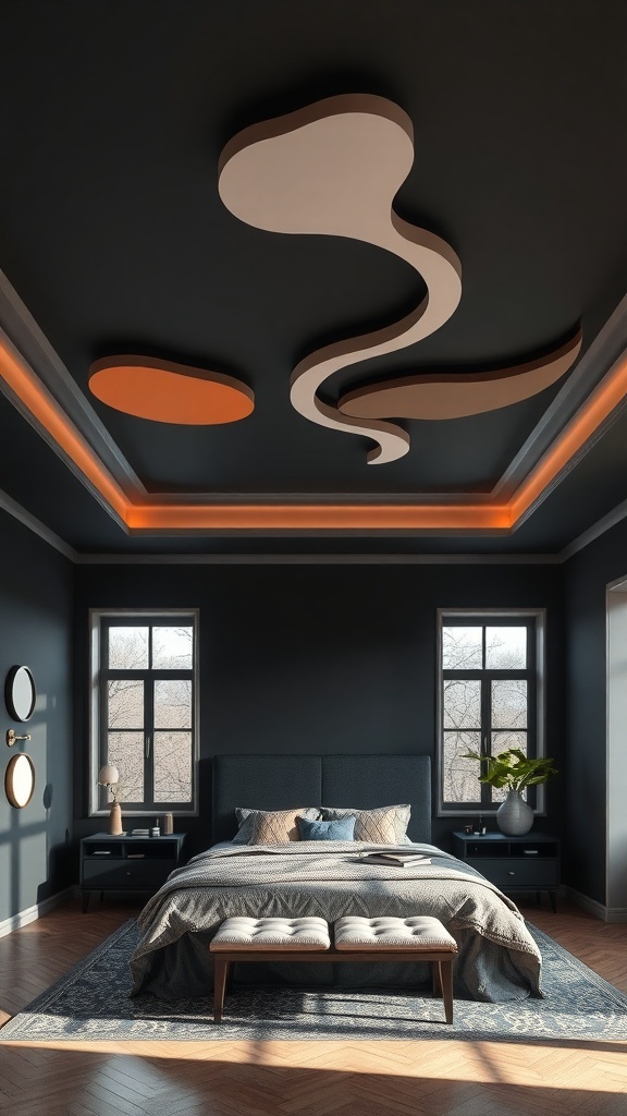 Artistic ceiling design in a dark teen bedroom with flowing shapes and warm lighting.