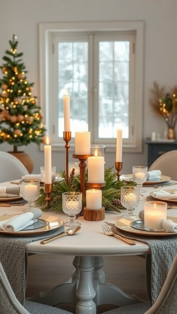 A winter tablescape featuring candles, greenery, and a decorated Christmas tree in the background.