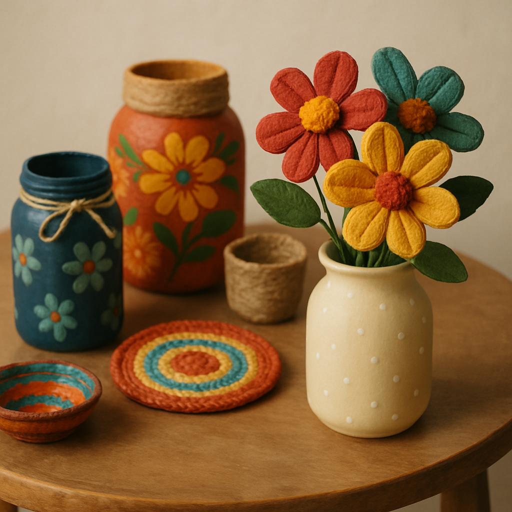 Colorful handmade jars and felt flowers arranged as a centerpiece on a wooden table.