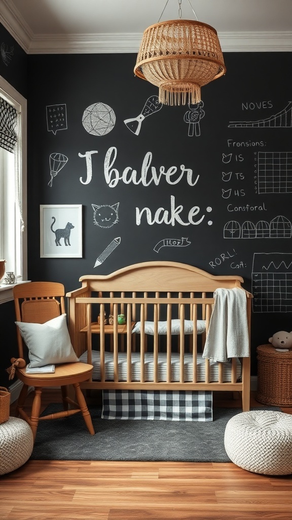 A cozy nursery featuring a chalkboard wall with playful drawings and notes, a wooden crib, and a comfortable chair.
