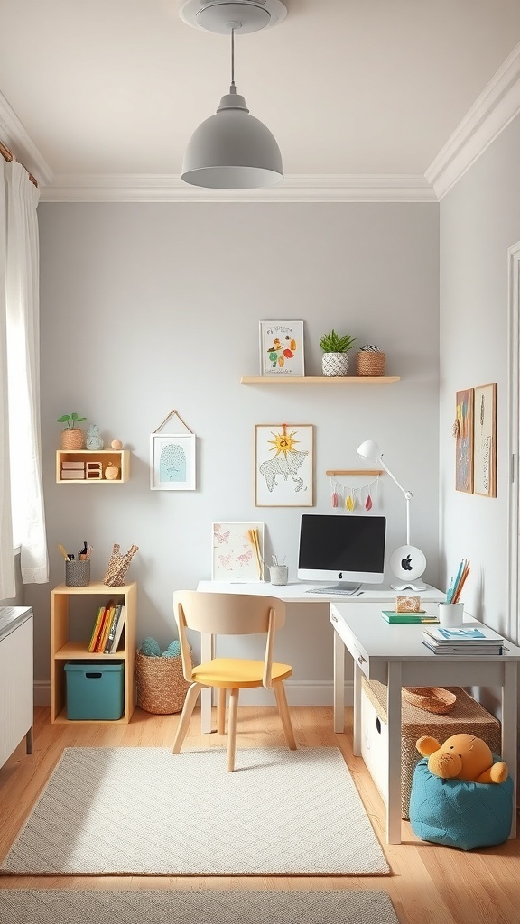 A children's bedroom with a craft corner featuring a desk, colorful chair, and art supplies.