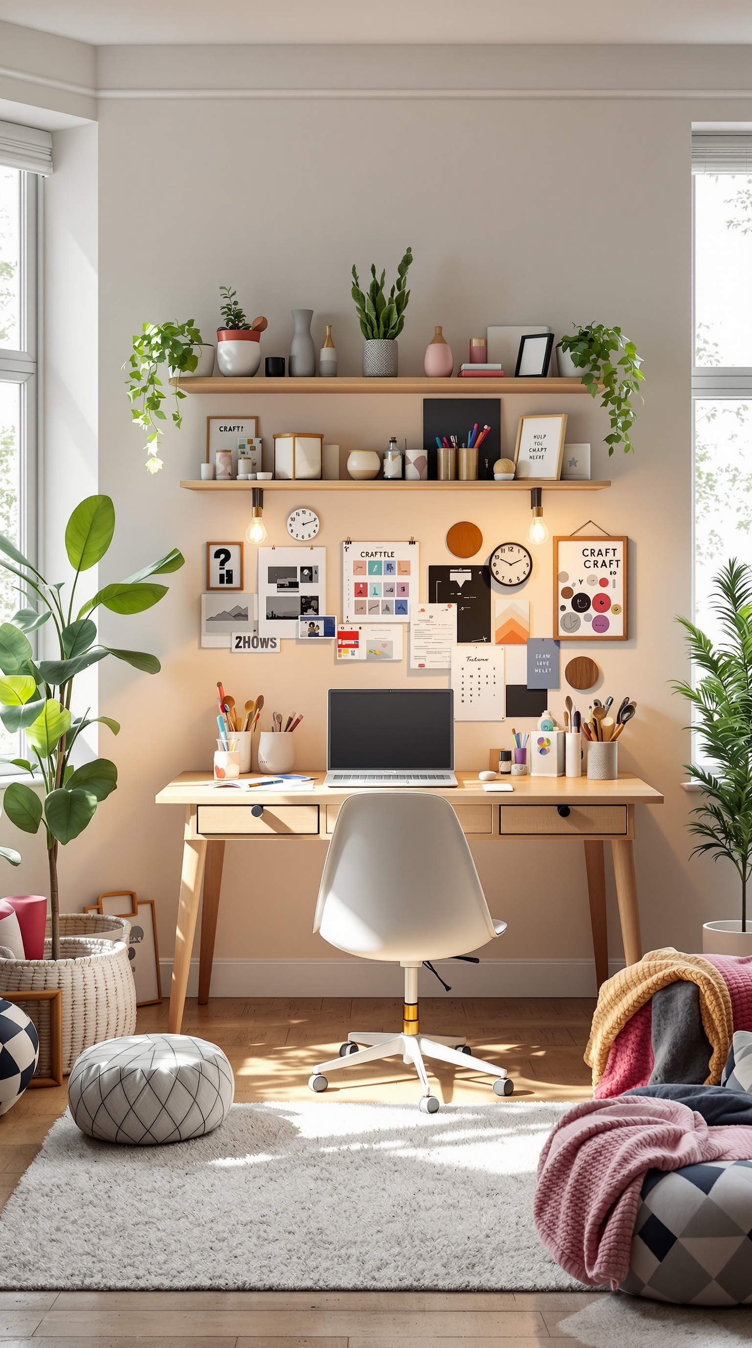 A bright study room with a desk, art supplies, plants, and cozy seating.