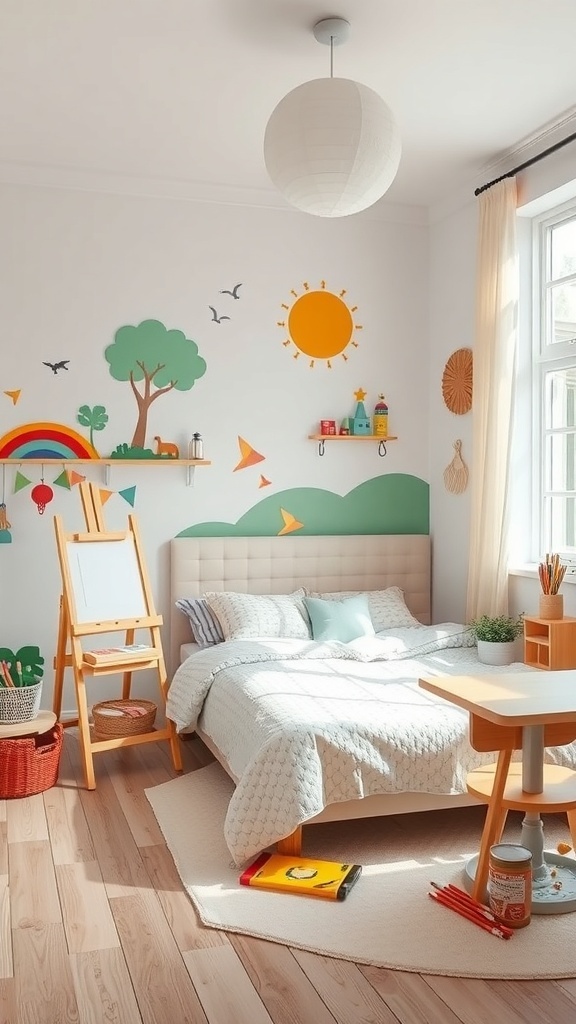 A children's bedroom with colorful wall murals, an easel, and a cozy bed.