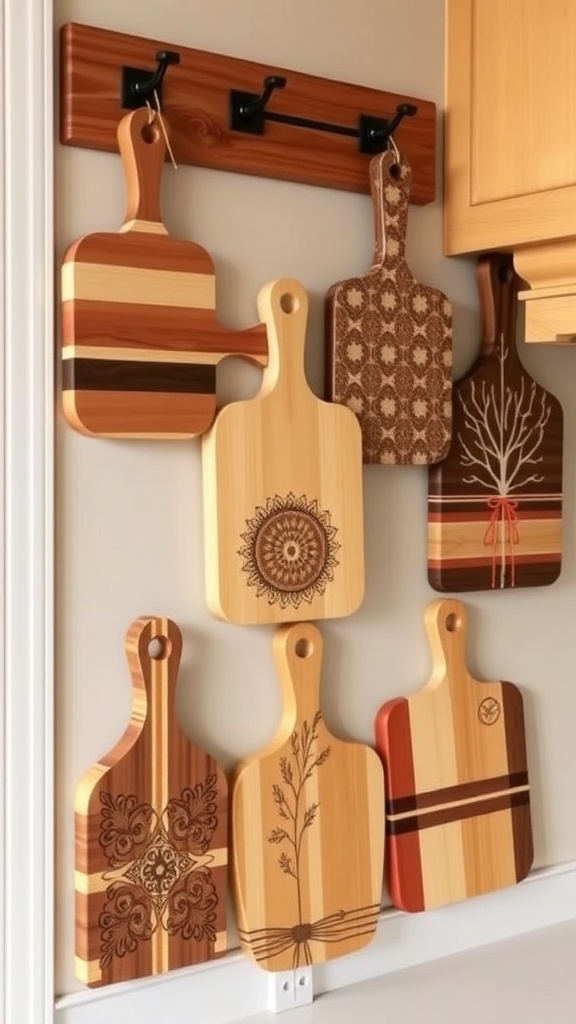 A collection of wooden cutting boards displayed on a kitchen wall, showcasing various shapes and textures.