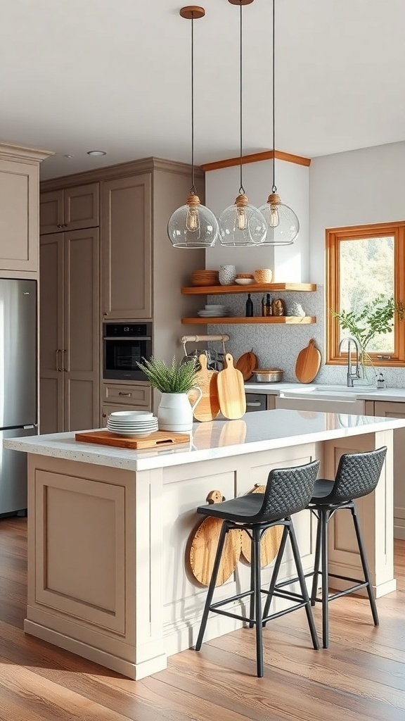 Stylish kitchen island with artistic cutting boards displayed on the wall