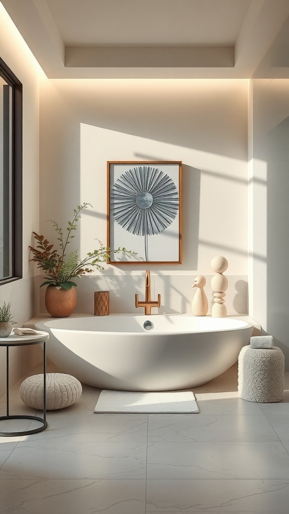 A modern spa-like bathroom featuring a freestanding tub, wall art, plants, and decorative pieces.