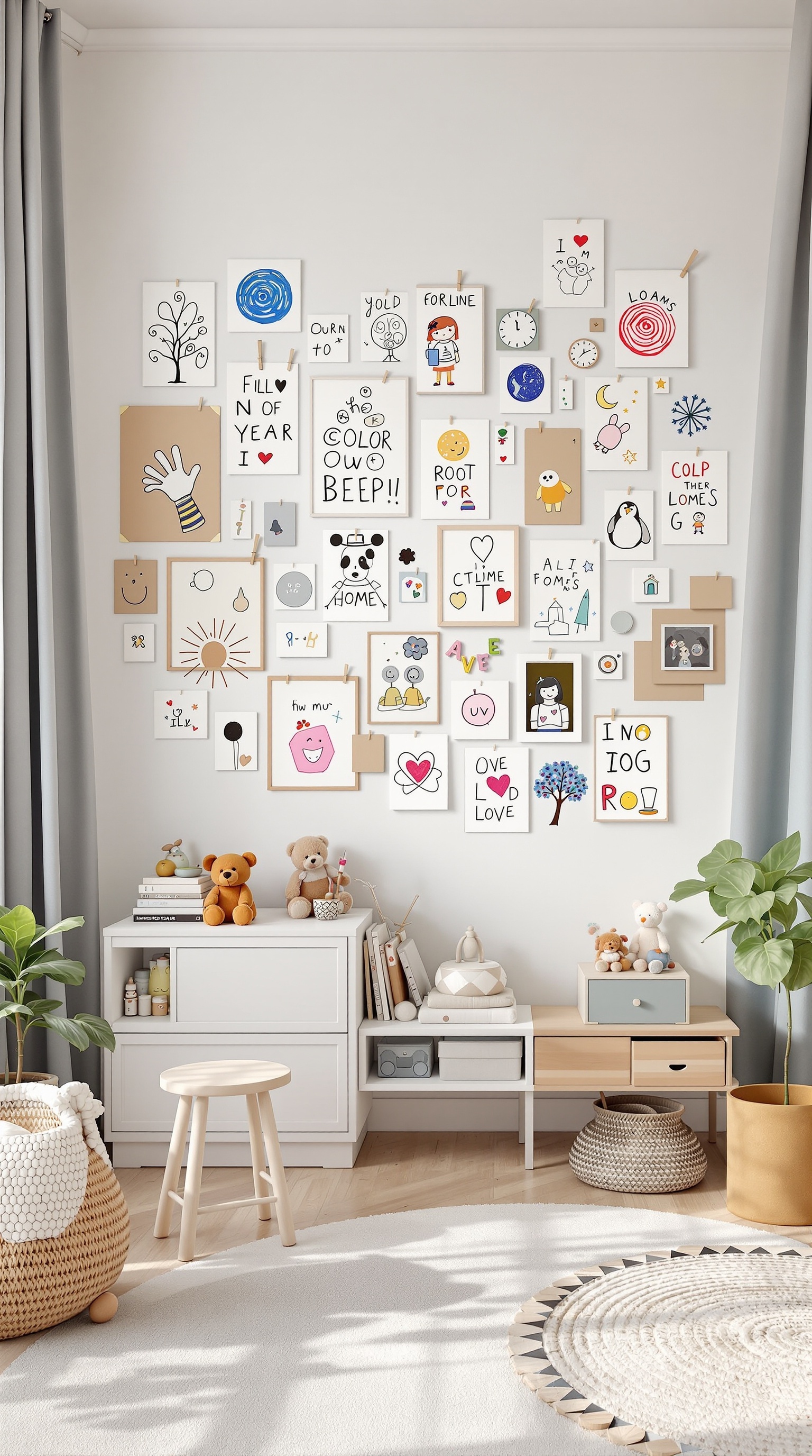 A wall filled with colorful kids' artwork in a cozy room