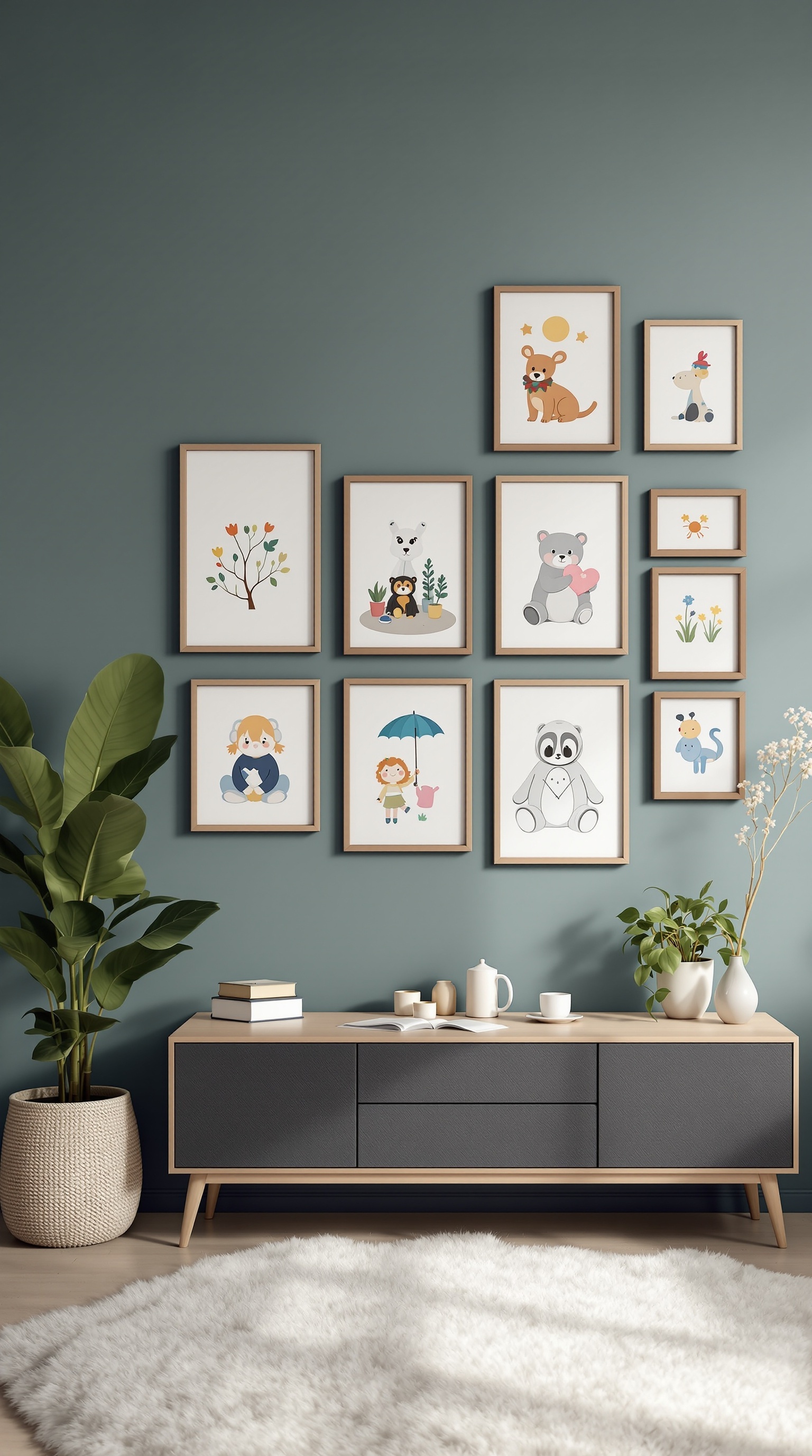 A stylish toddler room featuring a wall display of colorful framed artwork, a sleek console table, and a cozy rug.