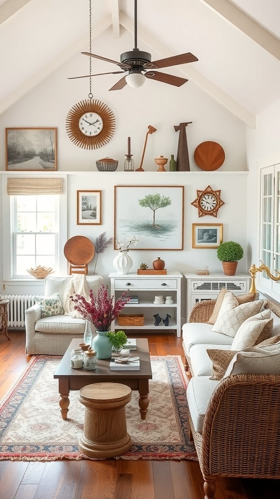 Cozy cottage living room with artistic displays of local crafts