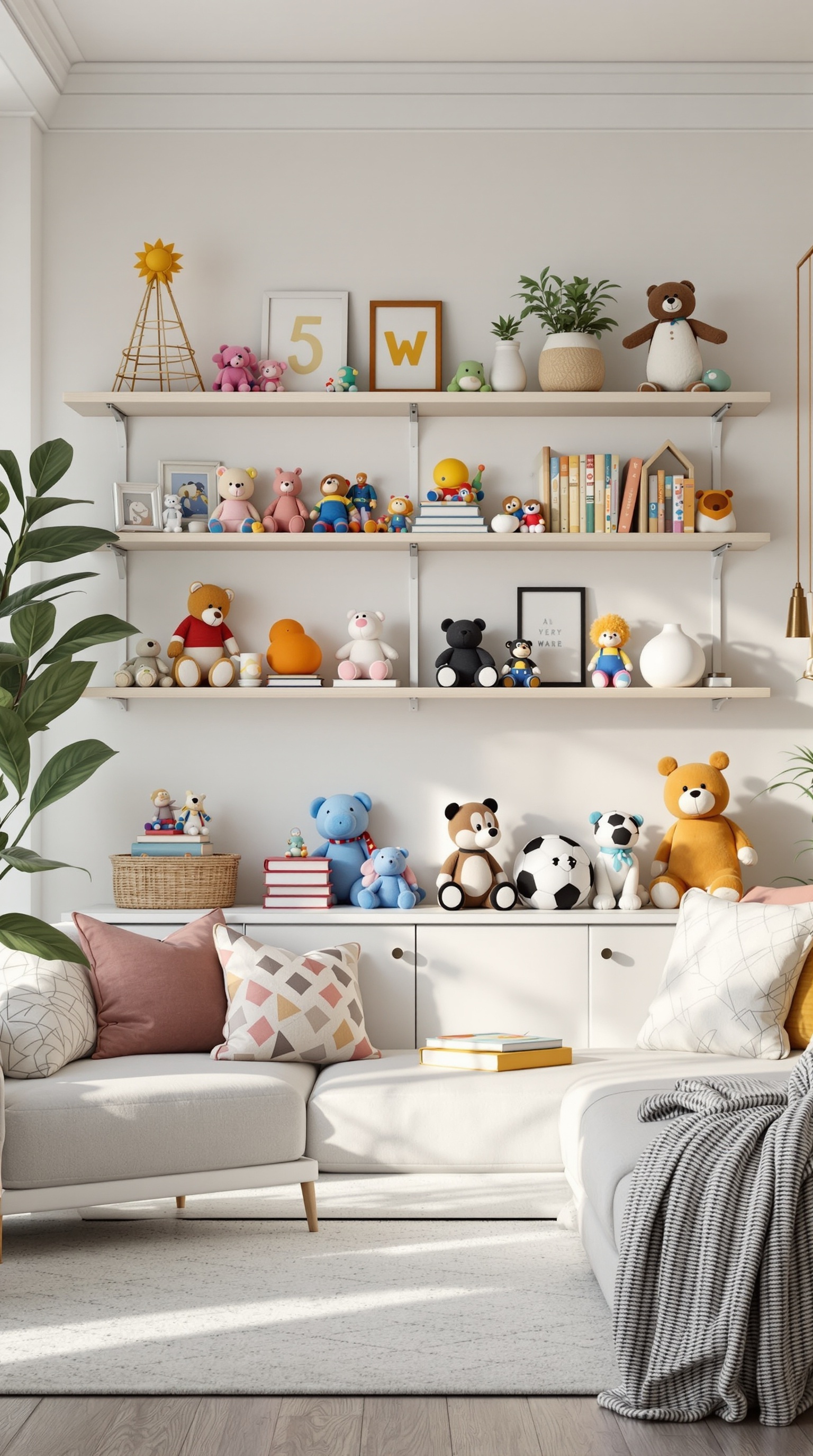 A living room shelf displaying various colorful plush toys and decor items.